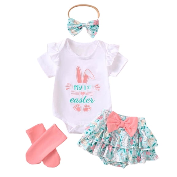 lnmuld Two-Piece Easter Baby Girls Floral Embroidered Romper Dress Set with Bow Socks Summer Outfit Size:0-3 Months