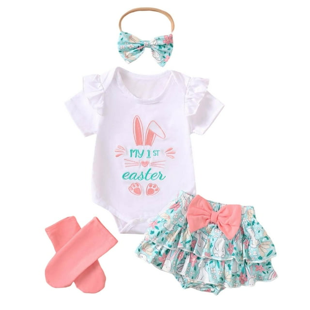 XDZJLR Tenues pour Filles, Barboteuse Brodée de Pâques & Robe Florale avec Chaussettes à Nœud, Ensemble d'Été 4 Pcs