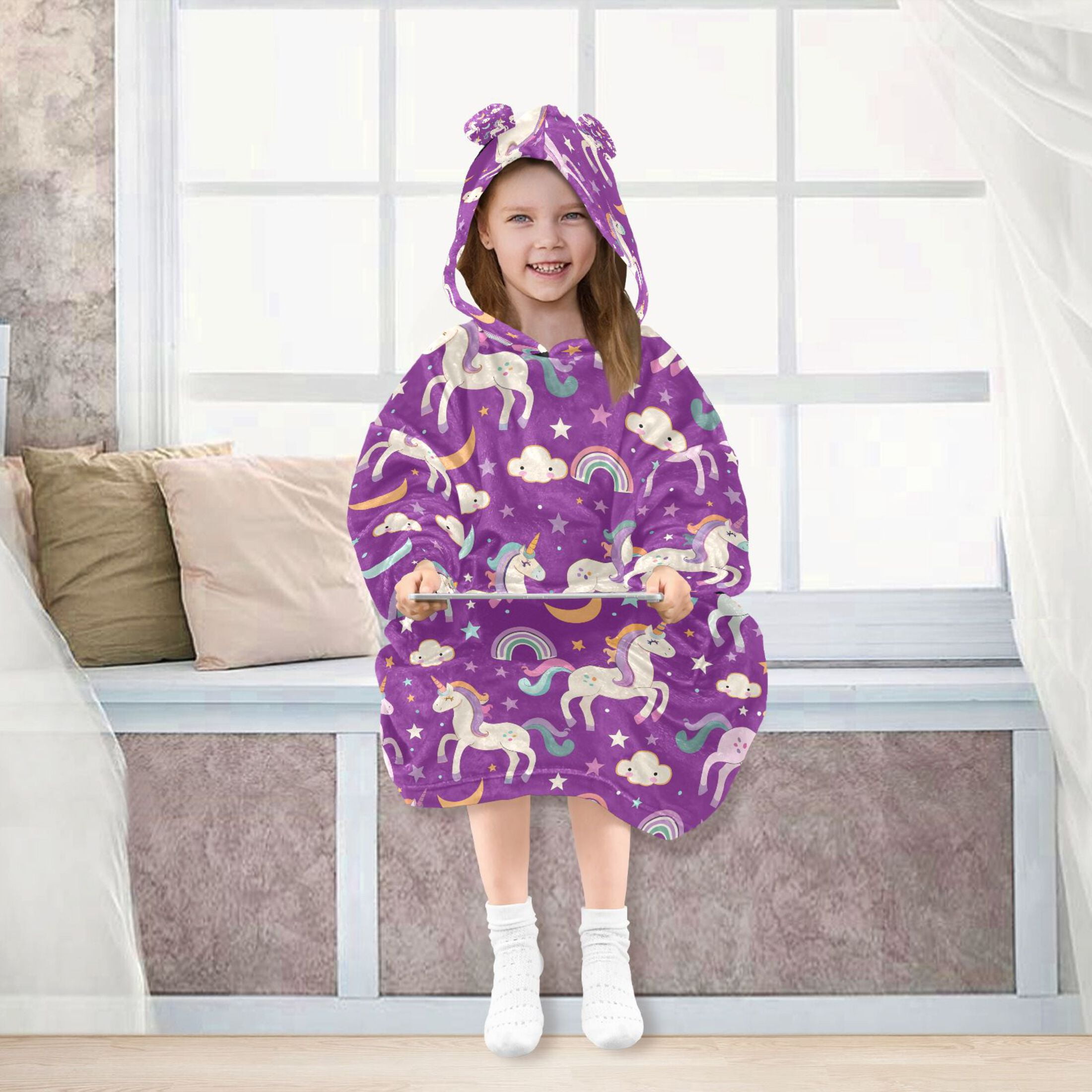 joogoo Wearable Blanket Hoodie Unicorn Rainbow Clouds for Flannel Sherpa Pocket 3-14 YR S