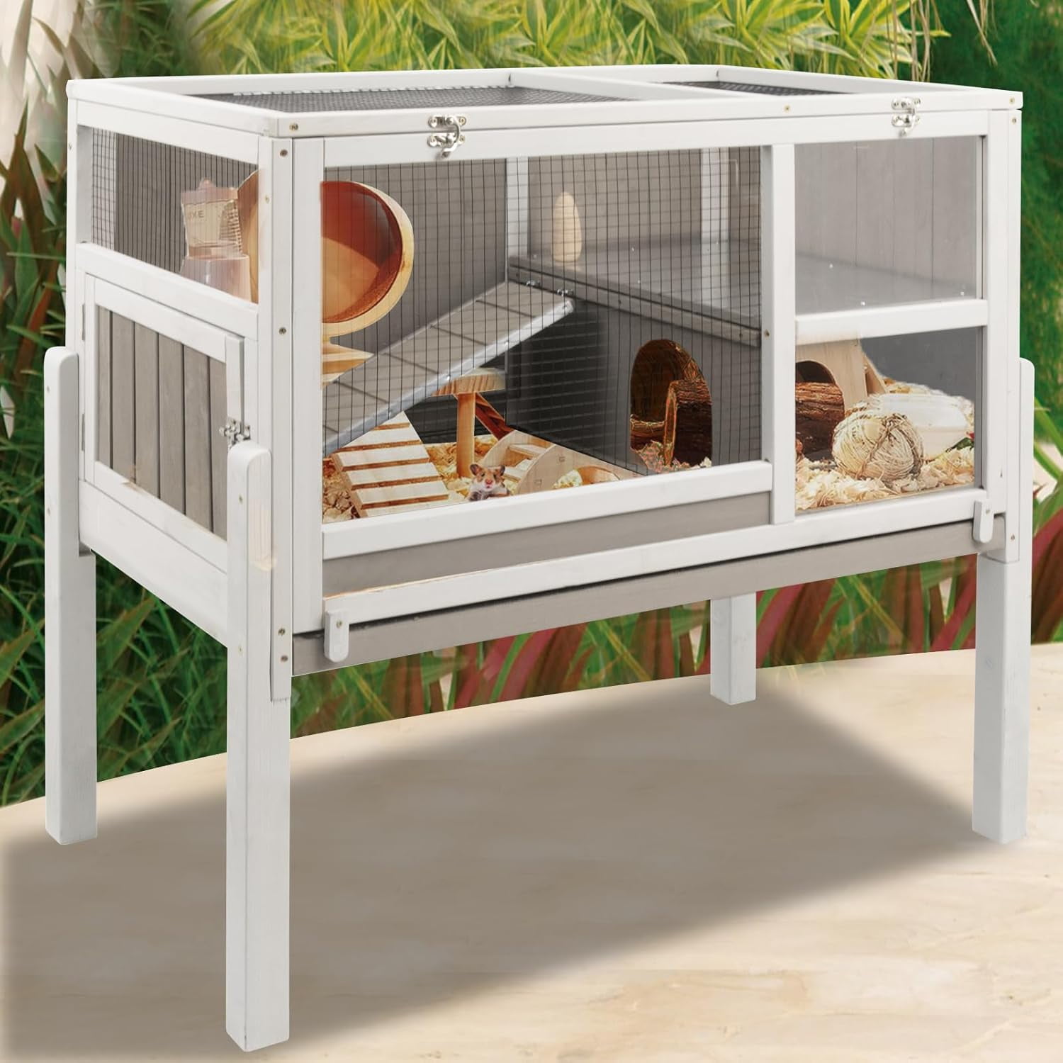 LEHOME Guinea Pig Cages Indoor, Wooden Guinea Pig Cages with Stand, Rabbit Cage Hutch with Ramp and Hideout, Small Animals Cage Habitat with Not Leakage Pull Out Tray