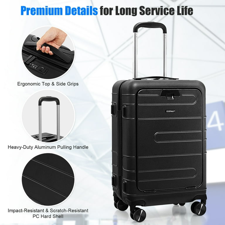 Costway 20 Carry on PC Hardside Suitcase TSA Lock w Front Pocket USB Port Black