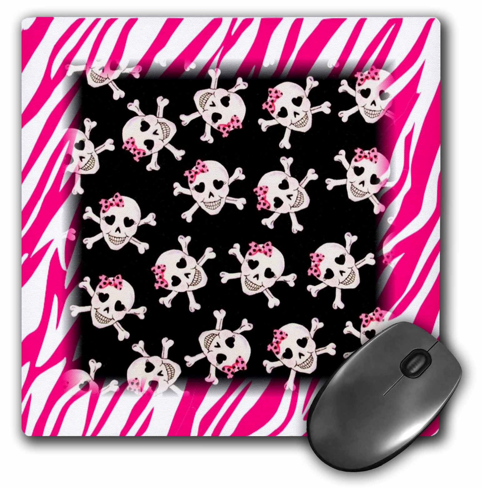 Set of 8 3dRose cst_61793_2 Cute Black Skulls with Bows on Pink Zebra-Soft Coasters