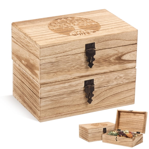2-Pack Wooden Keepsake Box, Tree of Life Engraved Jewelry Organizer – 8" x 5" x 3" Storage Box for Men & Women