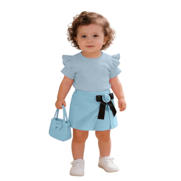 Hifoo Child Outfit Sets Toddler Girls Short Sleeve Ribbed Tops T Shirt Floral Skirts Shorts Bag Outfits Relaxed Fit Clothes Sets
