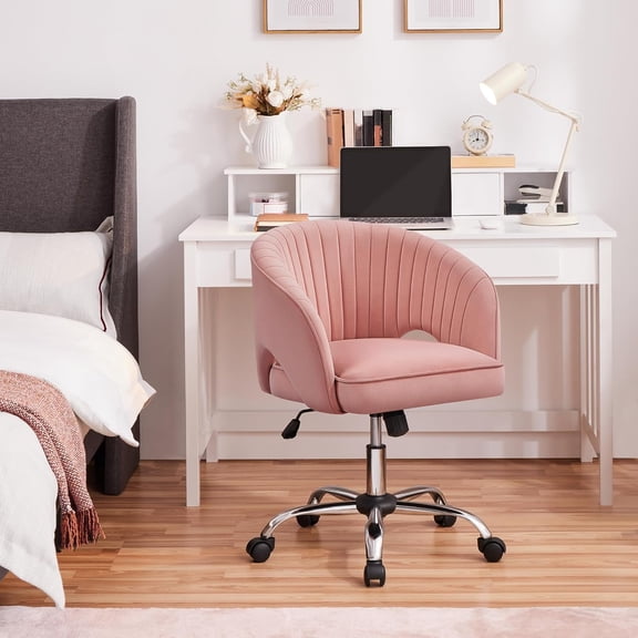 Modern Velvet Accent Chair Cute Vanity Chair Makeup Desk Chair Adjustable Armchair with Tufted Barrel Back for Living Room, Bedroom Pink