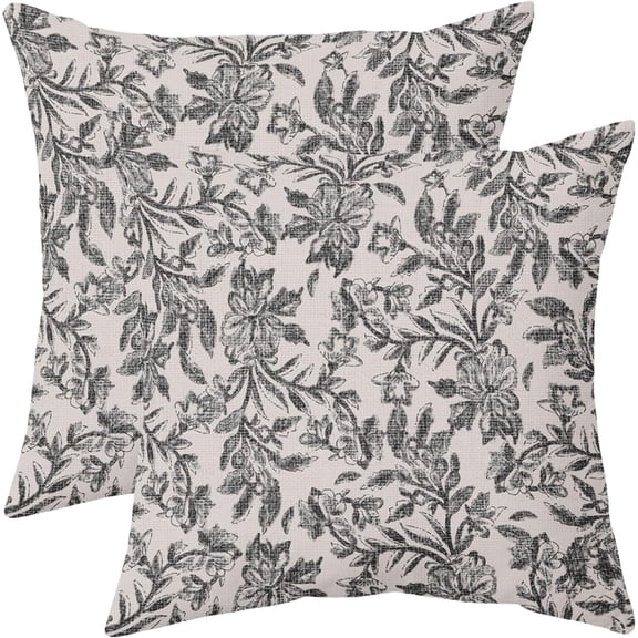 Black Grey Gray Floral Block Print Pillow Covers 20x20 Set of 2 Vintage Flower Decorative Throw Pillows Outdoor Rustic Farmhouse Pillowcases Cushion Case Decor for Home Sofa Couch Bed