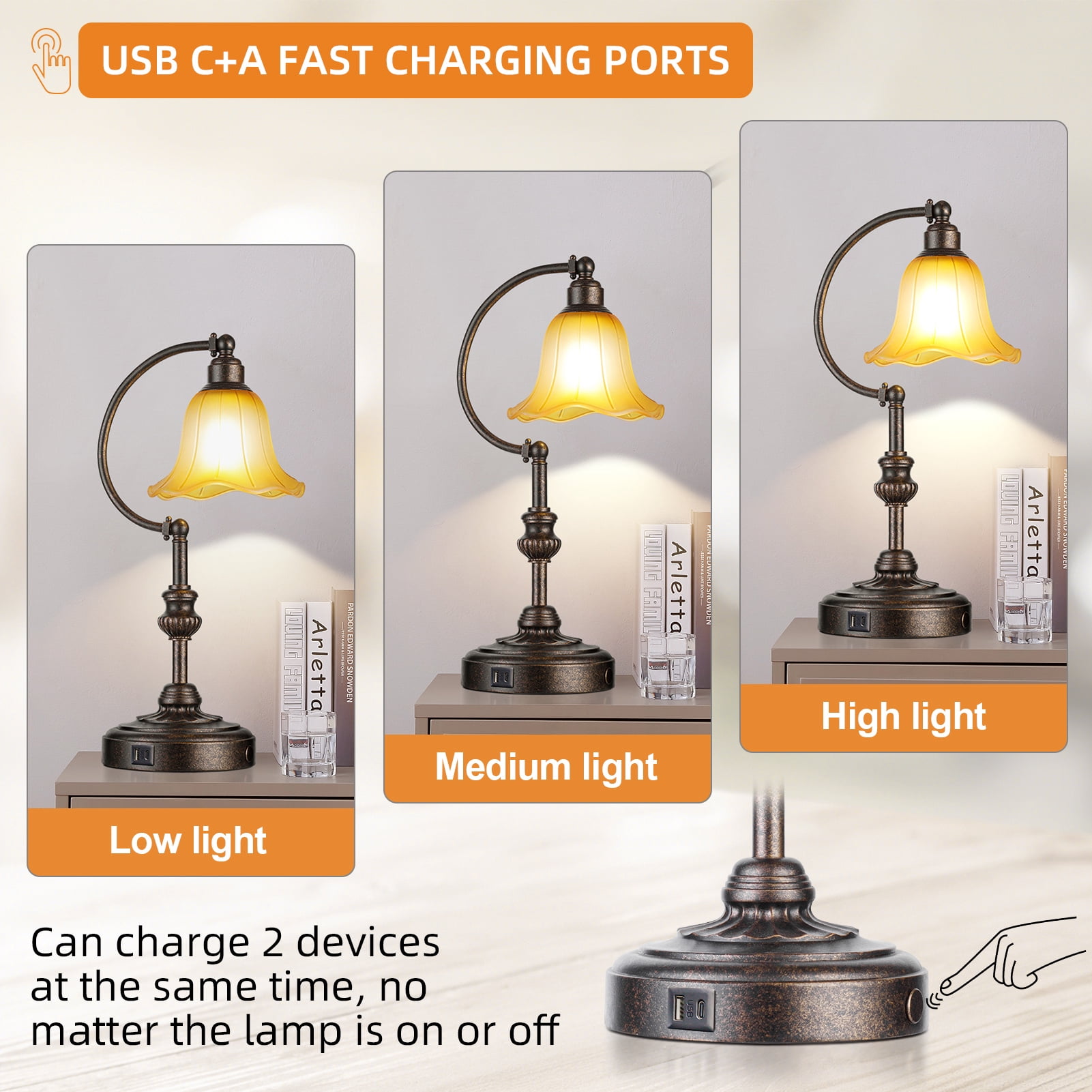RORIA Rustic Farmhouse USB A+C Charging Port Touch Table Lamps, 3-Stage Dimmable Bedside Lamp 20", Amber Vintage Glass Lampshade for Living Room Bedroom Nightstand