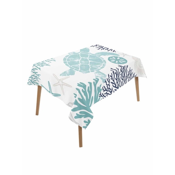 Turquoise Coastal Turtle Table Cloth, Ocean Coral Nautical Waterproof Tablecloth for Rectangle Tables, Reusable Washable Fabric Table Cover for Restaurant Kitchen Dining Tables 60"x84"