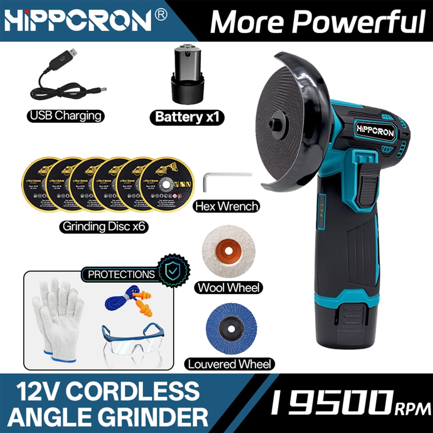 HIPPCRON 12V 3" Cordless Angle Grinder, 19500RPM, 1x Battery, with Grinding Discs, Polishing Wheels and Wrench