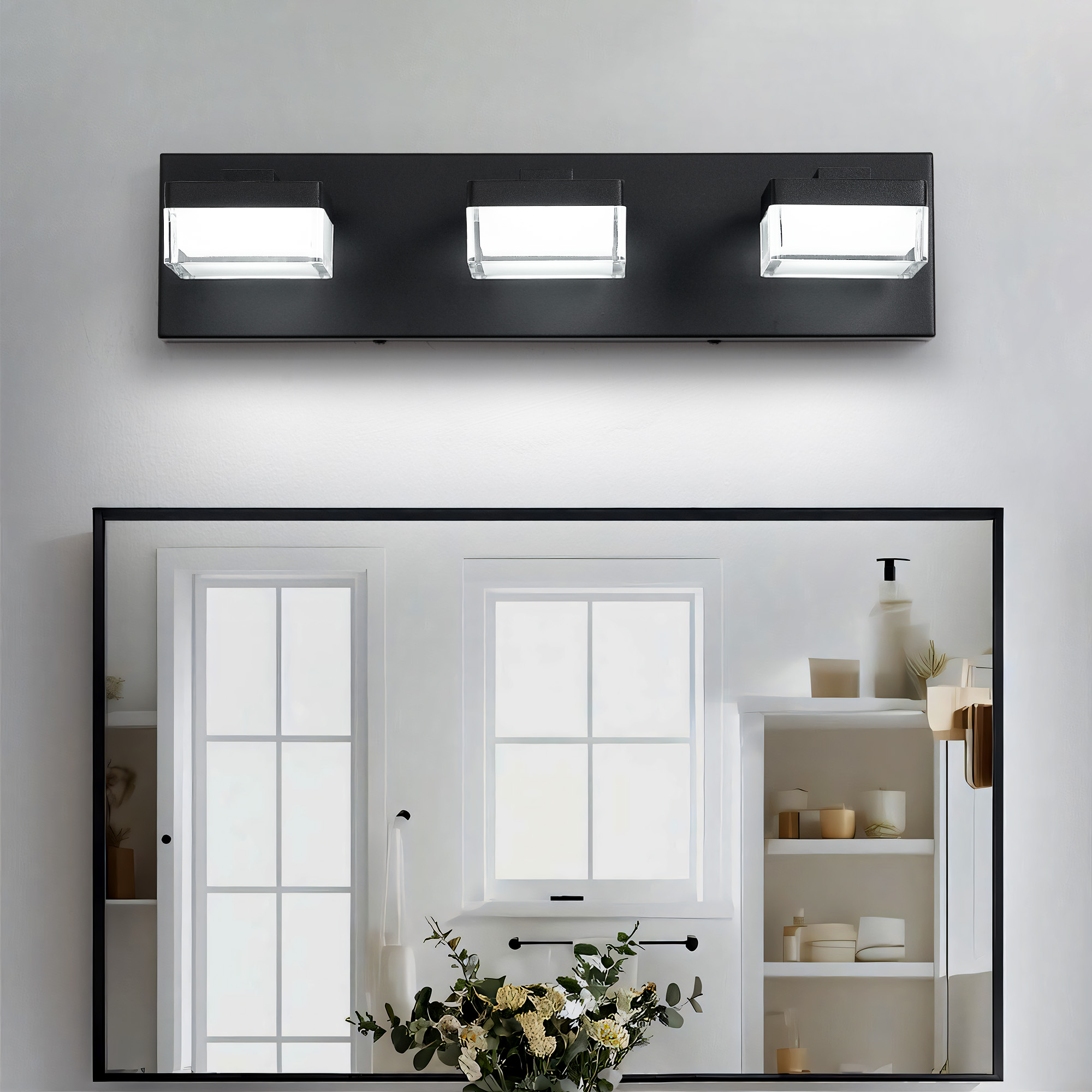 Modern LED Vanity Light for Bathroom, 3-Light Matt Black with Transparent Acrylic, 18W Energy Saving Wall Lamp Above Mirror, Easy Install US Junction Box