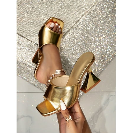

Women Single Band Pyramid Heeled Mule Sandals Fashion Summer Heeled Sandals