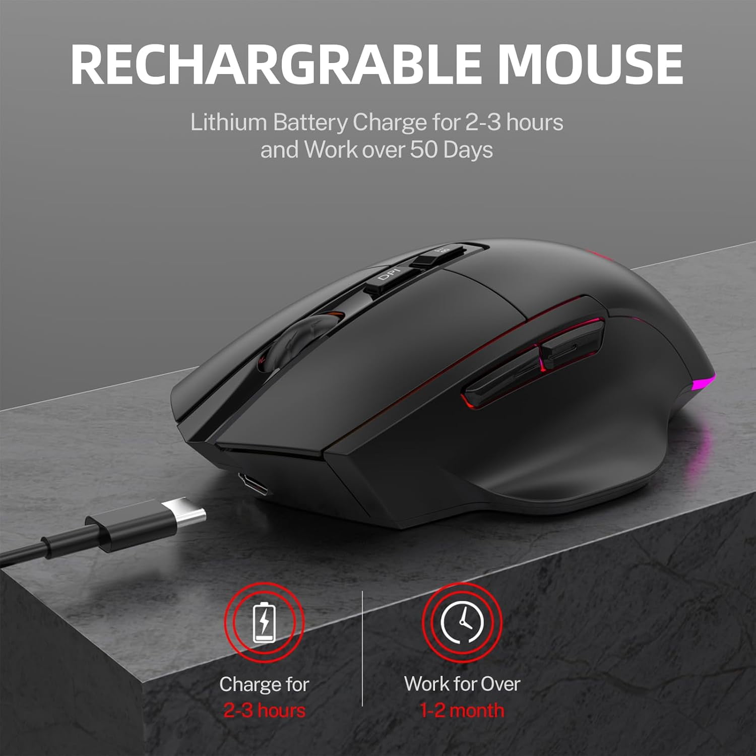 HRTGFD-Wireless Gaming Mouse, 2.4G & Bluetooth Dual Mode, 1600 DPI, 7 Silent Buttons, 500mAh Rechargeable Battery, RGB Backlit, Ergonomic Design for PC/Mac/Laptop (Black)