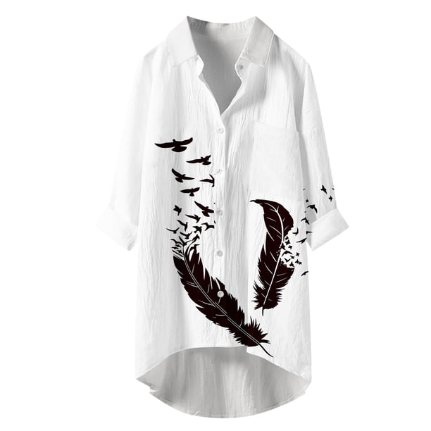 Blusa con bolsillo y estampado de solapa con botones de manga larga informal para mujer Pompotops FGAJ20497