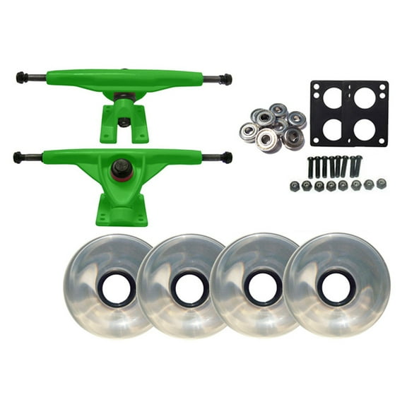 180mm GREEN LONGBOARD TRUCKS   76MM CLEAR WHEELS   ABEC 7 BEARINGS PACKAGE