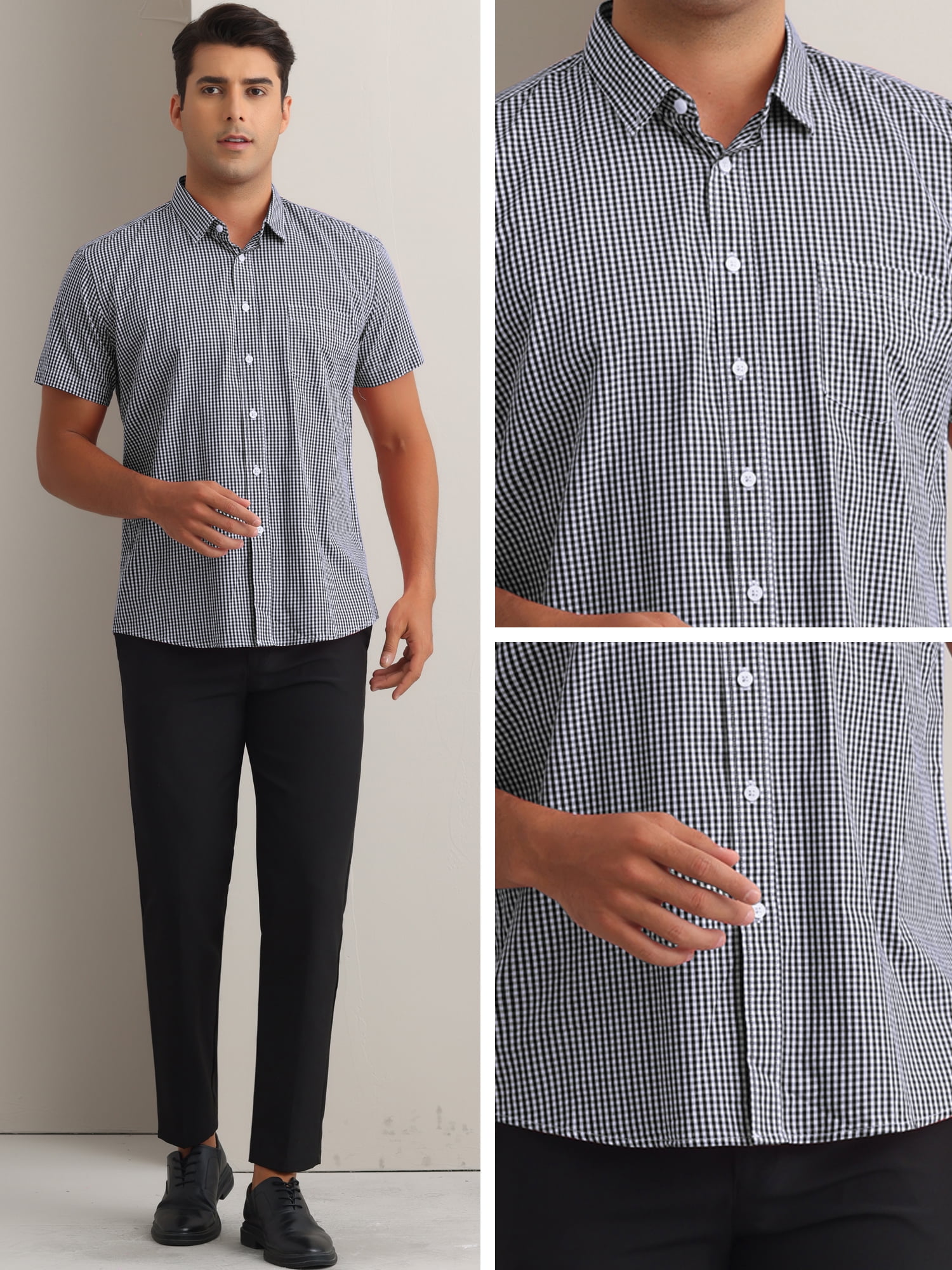 DARING DIVA Men's Gingham Tartan Button Short Sleeve Business Plaid Dress Shirt S Black
