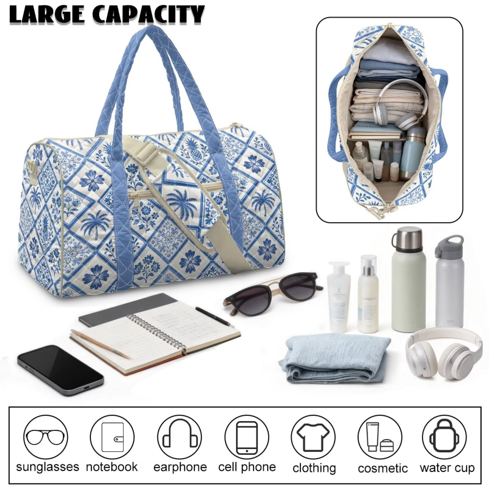 Pzuqiu Blue White Tile Print Quilted Weekender Bag for Women Travel Bags with Multiple Compartments Large Puffy Travel Duffle Tote Lightweight Carry On Overnight Gym Bag