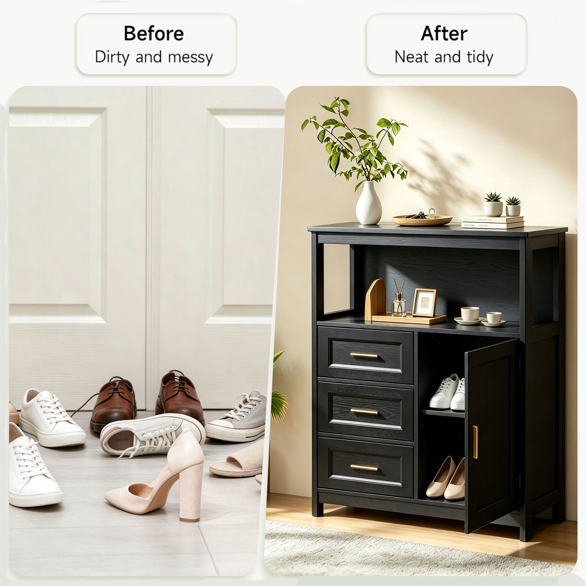 Leumius Kitchen Storage Cabinet,Modern Buffet Cabinet with 3 Drawers & 1 Door, Floor Sideboard Buffet for Living Room, Dining Room, Bathroom, Black