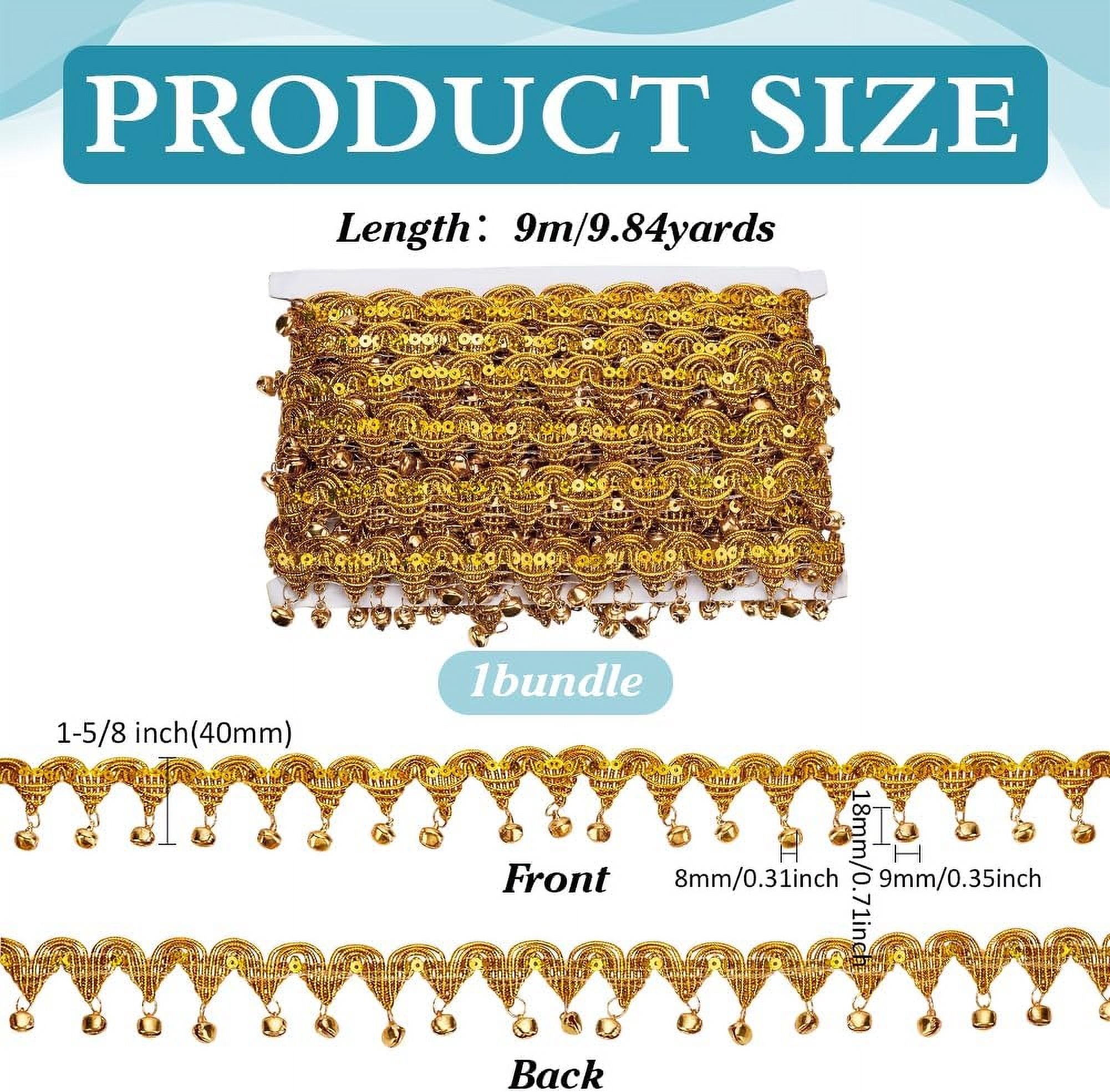Metallic Wigs Ribbon with Iron Bell Beads for Sewing Decoration Gold 1-5/8 inch(40mm) about 9.84 Yards(9m)/Bundle