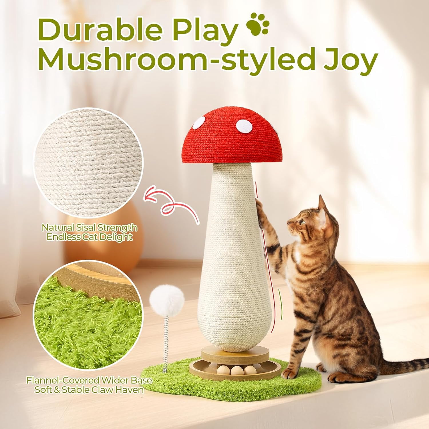 YESGIRL 20" Mushroom Cat Scratching Post with Ball Track & Spring Toys, 2-in-1 Sisal Scratcher & Play Station for Indoor Cats, Stable Base