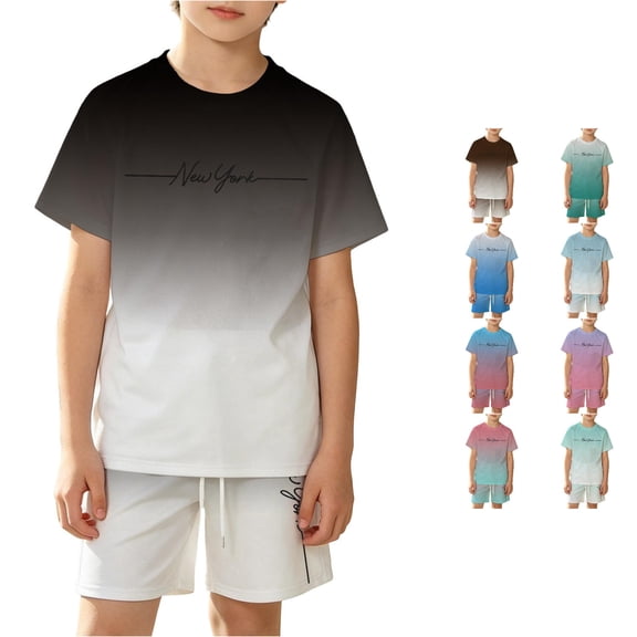 CUZIBR Kids Cool Gradient City Graphic Boys O-Neck Short Sleeve T Shirt And Shorts Outfit Sets Breathable Mesh Casual Playwear Clothes Sets,Black,11-12 Years