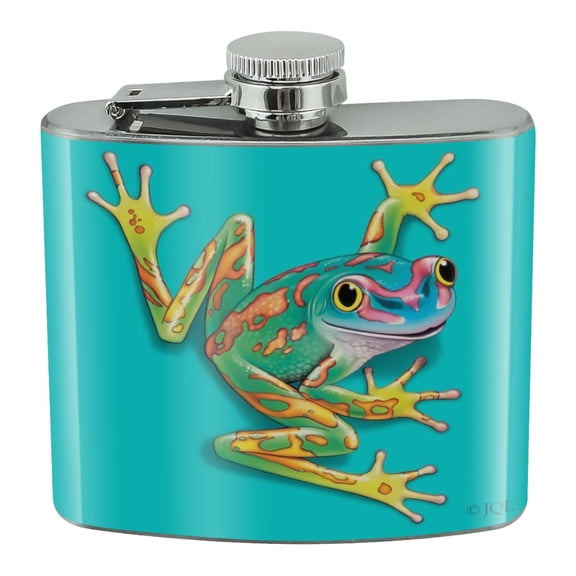 Big Tropical Rainbow Rainforest Tree Frog Stainless Steel 5oz Hip Drink Kidney Flask