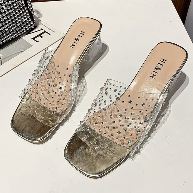 LSLJS Chaussures Pantoufles d'Extérieur pour Femmes, Mode Décontractée, Talons Carrés Transparents en Cristal, Pantoufles pour Femmes