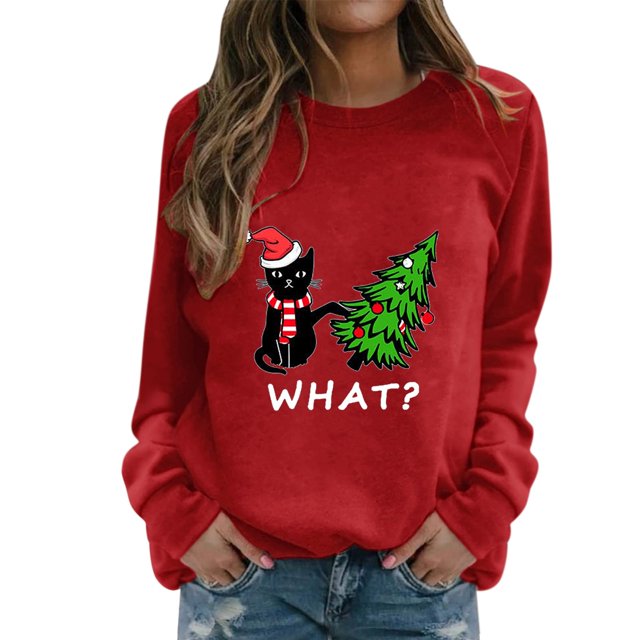Sudadera Gibobby Divertidas con Cuello en O estampado navideño para mujer rojo XL