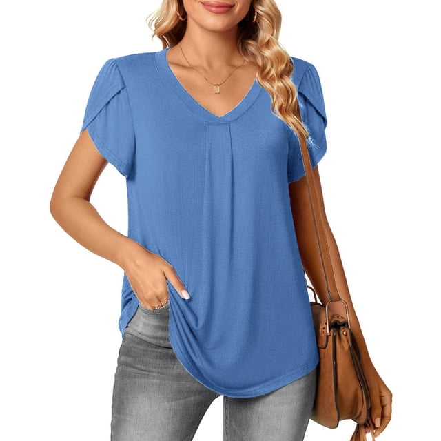 Camiseta con cuello en V para mujer, mangas cortas de pétalos, espalda plisada, línea media, blusas casuales holgadas, azul claro M