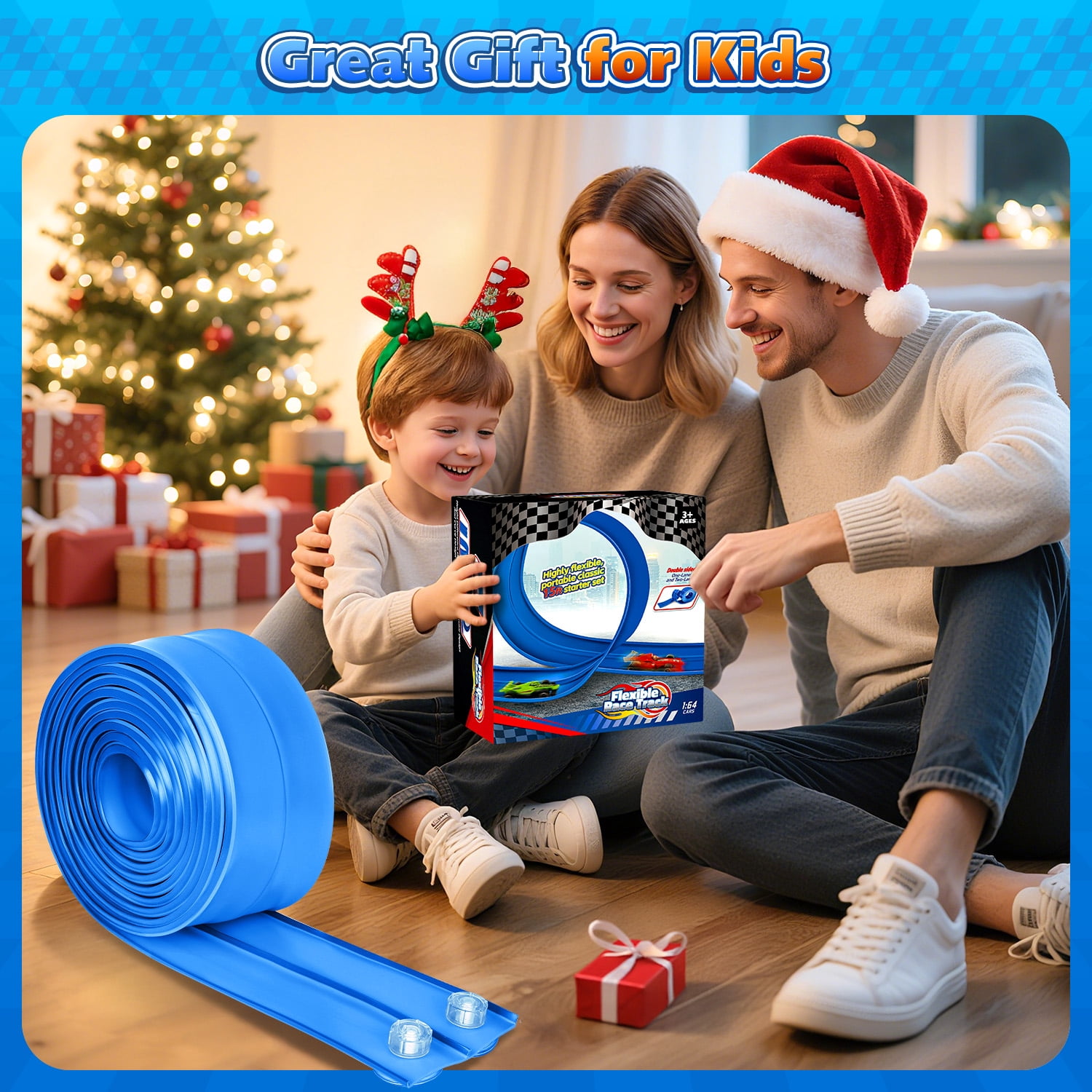 Beefunni Flexible Race Track for Kids, Bendable Track with Suction Cups, Portable & Foldable Indoor/Outdoor Toy, Compatible with Most 1:64 Toy Cars, Creative Gift for Boys & Girls (Blue)