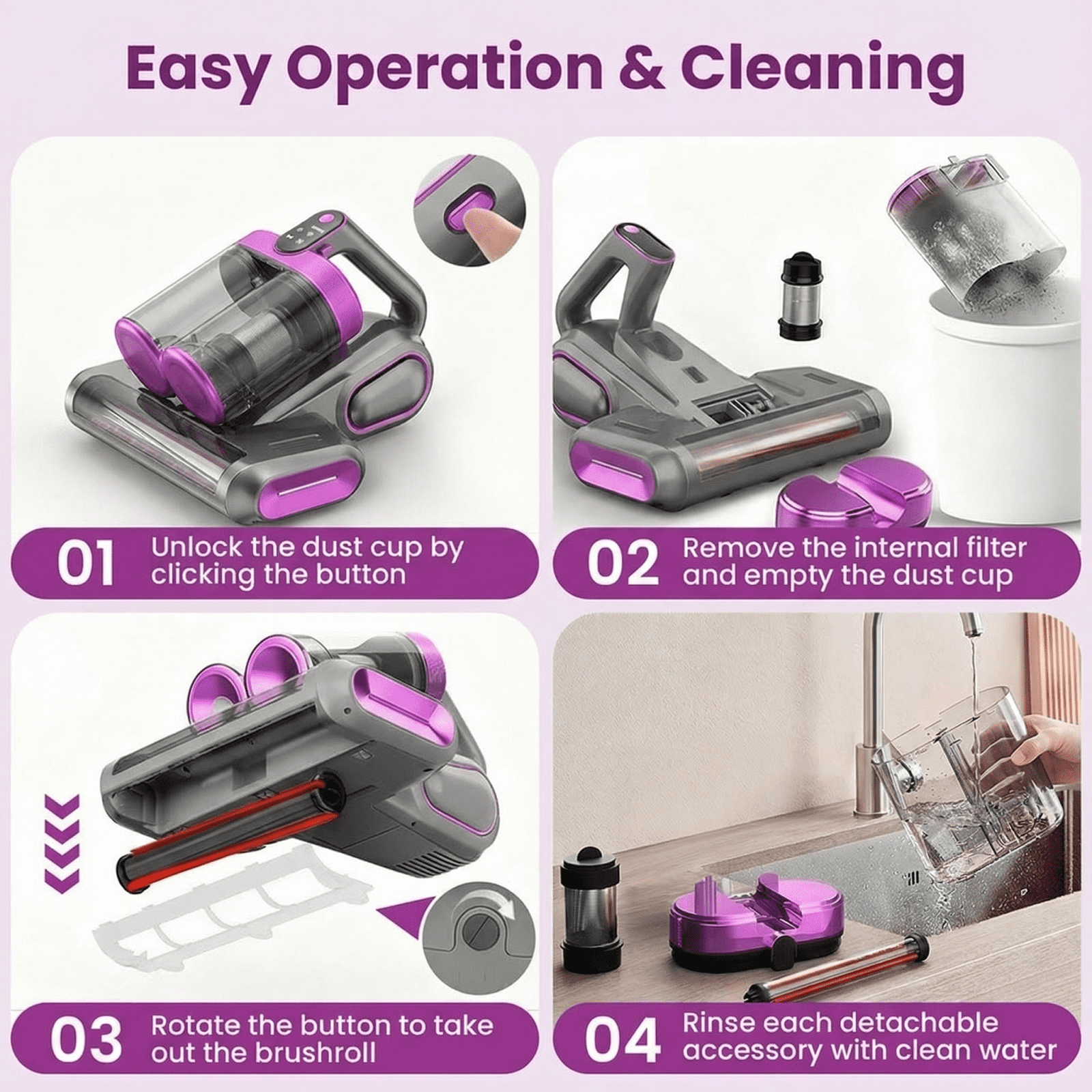 KANFUAQ Mattress Vacuum Cleaner, 18Kpa/30Mins Cordless Bed Vacuum with UV Light & LED Display, Handheld Vacuum for Bed Couch Crib Purple