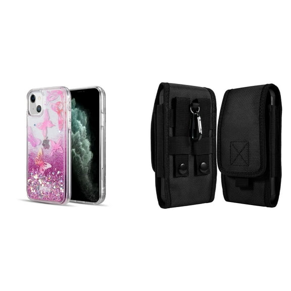 Liquid Glitter Case for iPhone 14 and Belt Holster Pouch - Pink Butterfly