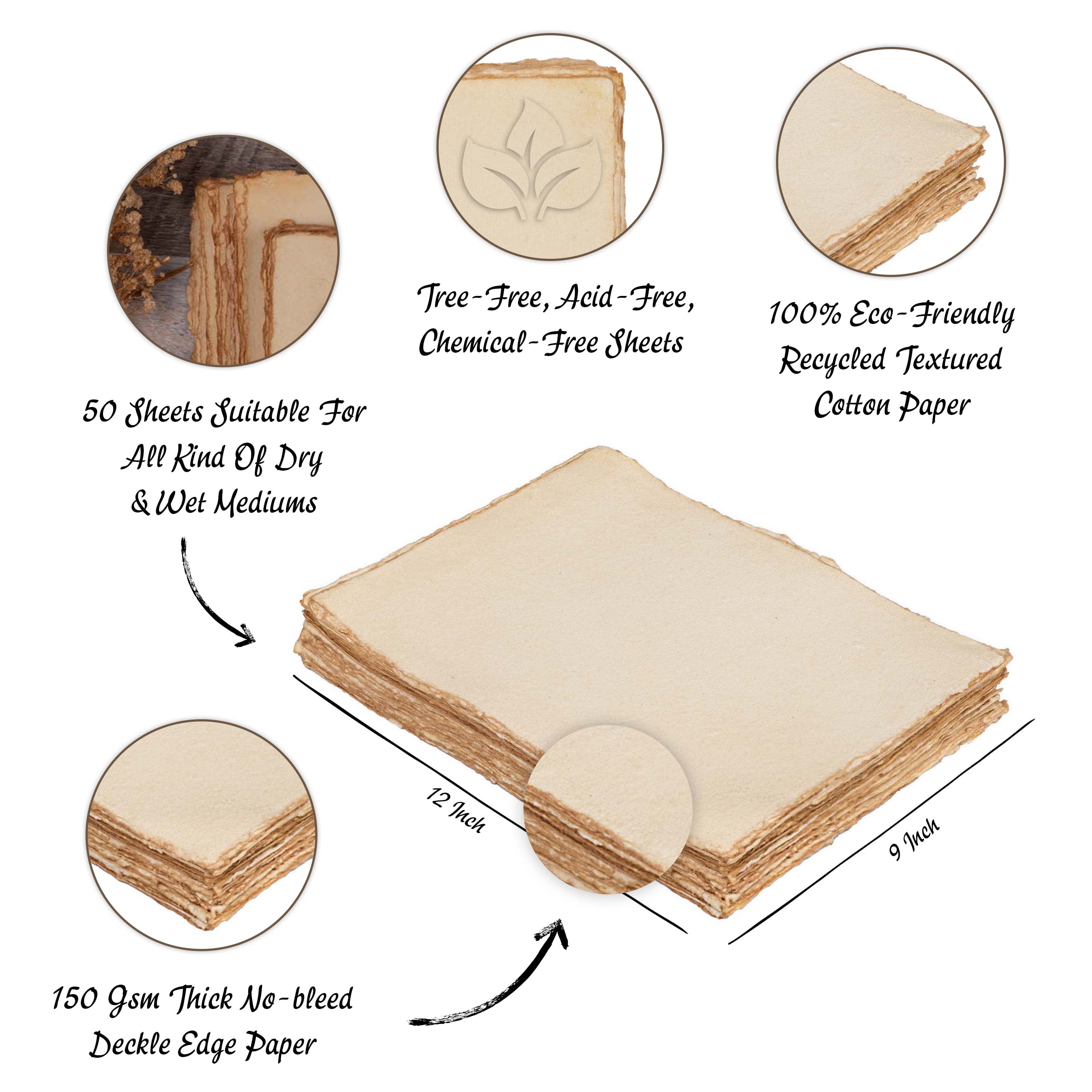Leather Village - Handmade Cotton Watercolor Paper - 9 x 12 - 200 GSM - Vintage