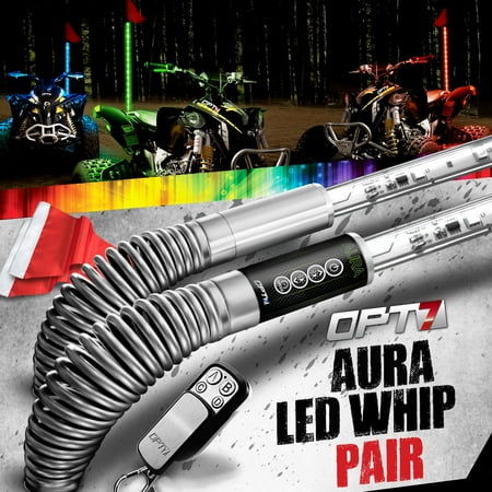 AURA 6ft LED Whip PAIR w/ Quick Release Shock Spring, Remote, Flag - 64+ Multi-Color Light Patterns - Shatterproof Waterproof Build - All-Terrain Off Road ATV SidexSide Jeep Sand