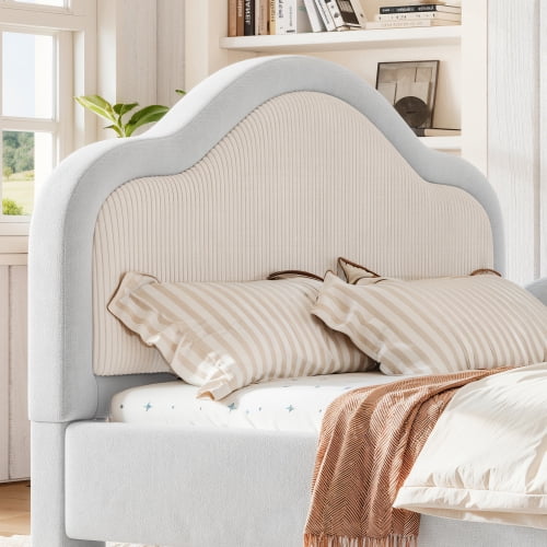 Full Size Upholstered Kids Floor Bed with Curved Headboard, Safety Side Rails & Storage Pocket, Low Profile Playhouse Bed, Light Gray