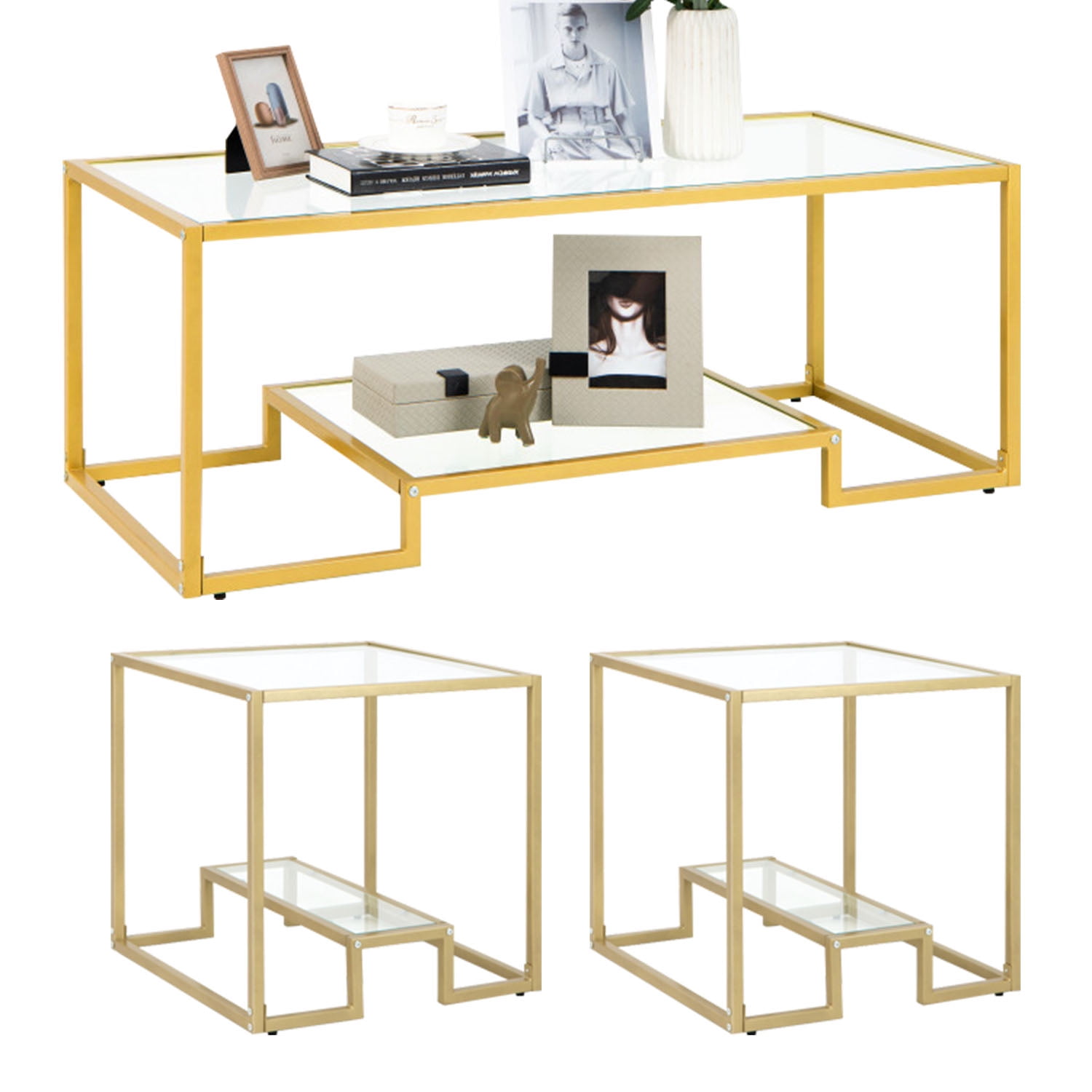 Demi Bonn 3-Piece Coffee Table Set, Modern 2-Tier Rectangular Coffee Table with Glass Table Top & Set of 2 Square Sofa Side Table with Tempered Glass Tabletop, for Living Room, Gold