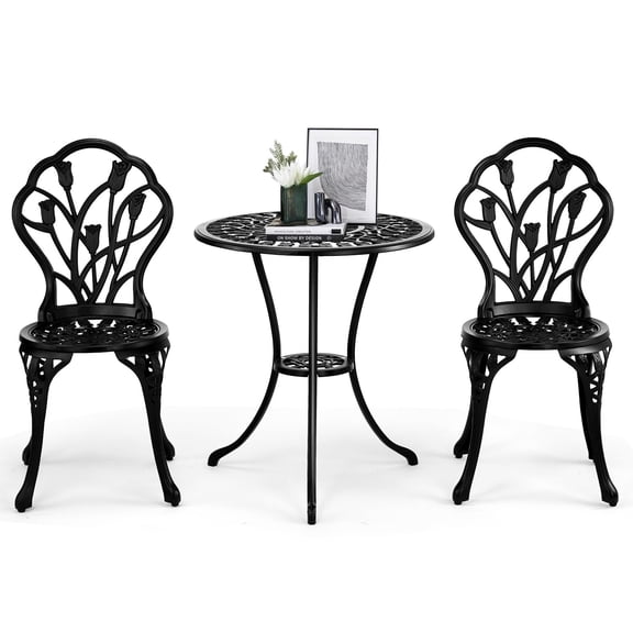 3-Piece Patio Set Cast Aluminum, Garden Bistro Table and 2 Chairs, Tulip Pattern Umbrella Hole for Outdoor Dining Balcony, Black