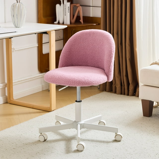 Ktaxon Armless Home Office Desk Chair Cute Mid Back Vanity Stool Teddy Velvet Swivel Task Chairs with Wheels Purple