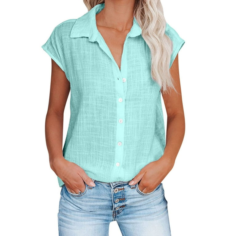 RYRJJ Womens Short Ruffle Sleeve Shirts V Neck Collared Button Down Shirt  Tops Summer Casual Loose Plain Work Tunic Blouse(Green,XXL) 