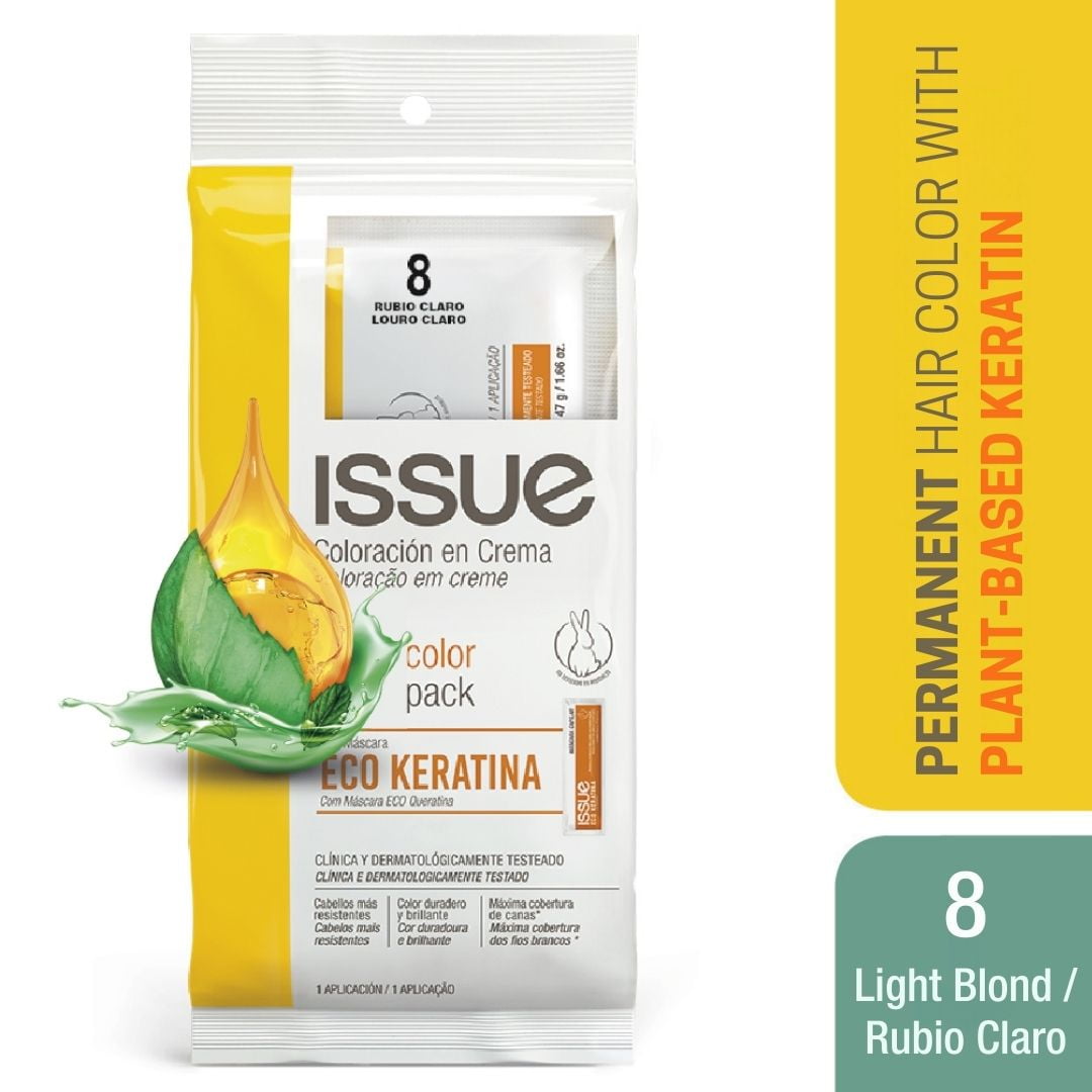Issue Color Keratin Pack, Includes Color, 20 Vol Peroxide and Keratin Mask, 8.0 Light Blonde, Rubio Claro, 3.78 oz