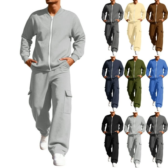 MLQIDK Mens Big and Tall Track Suits Fleece Zip up Hoodie and Cargo Sweatpants Workout Gym Jogging Suit Lounge Outfit Sport Athletic Sweatsuits 2 Piece Set Winter Suit Sets Sky Blue 2XL