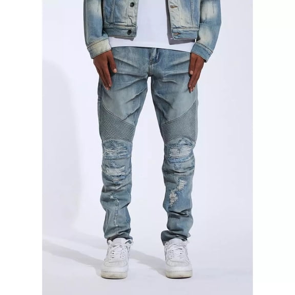 Crysp Denim Men's Skywalker Moto Distressed Rips Skinny Fit Stretch Denim Jeans (34, Light Blue Distressed)