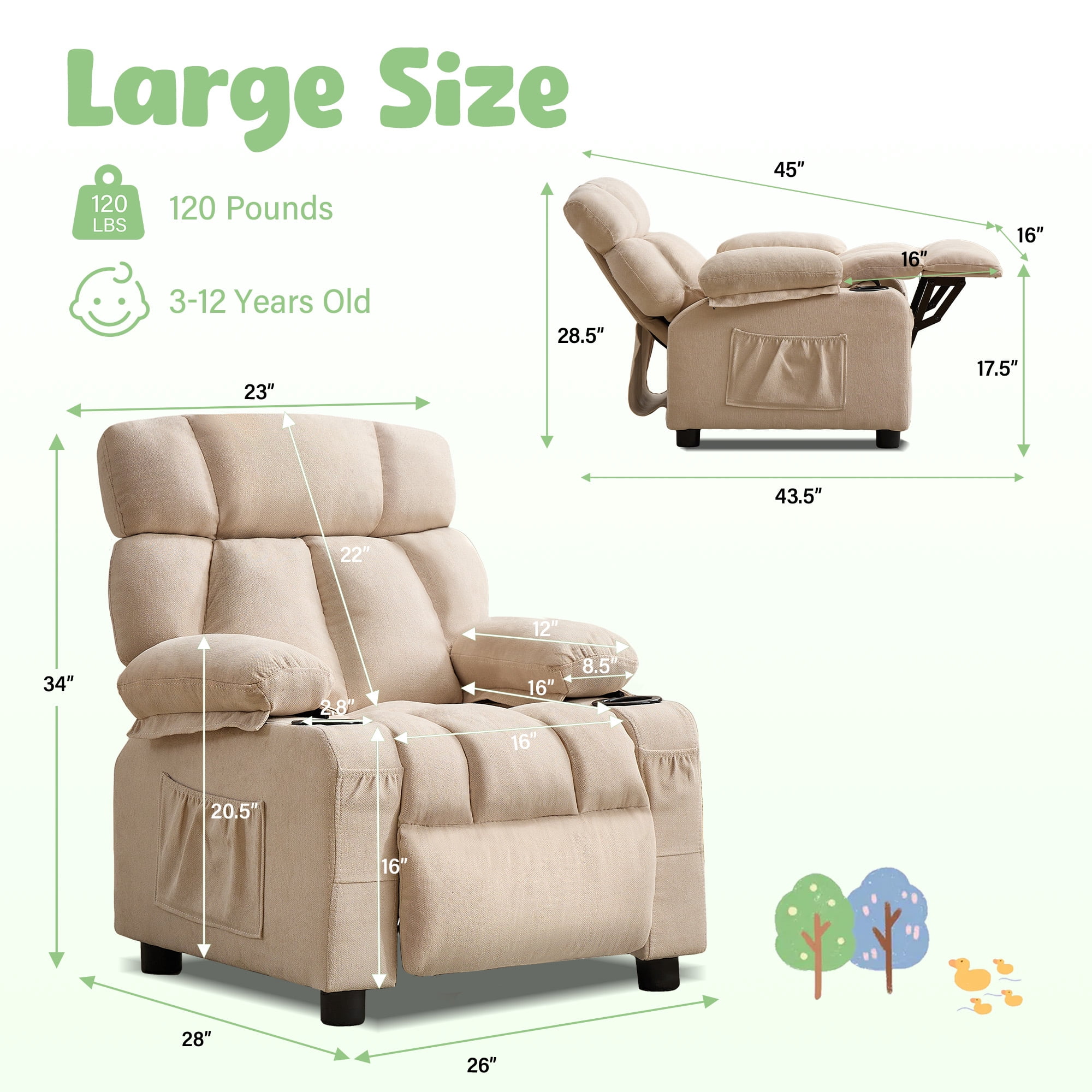 JONPONY Kids Recliner Chair,Push Back Toddler Recliner with Cup Holders & Side Pockets,Adjustable Footrest & Headrest Kids Sofa for Boys Girls 3+ Age Group, Beige