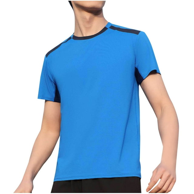 Blusa Casual de Color Sólido de los Hombres, Manga Corta Deportiva Elástica Cuello Redondo para el Gimnasio Y el Uso Al Aire Libre, Camiseta Elástica