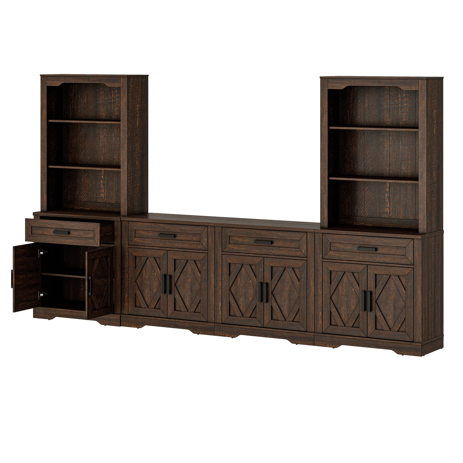 WAMPAT Farmhouse Entertainment Center with Bookshelf for TVs up to 70",Mid Century Modern TV Stand with 73"H Tall 5-Tier Bookcase with Open Storage and Barn Doors for Living Room,Bedroom,Rustic Brown