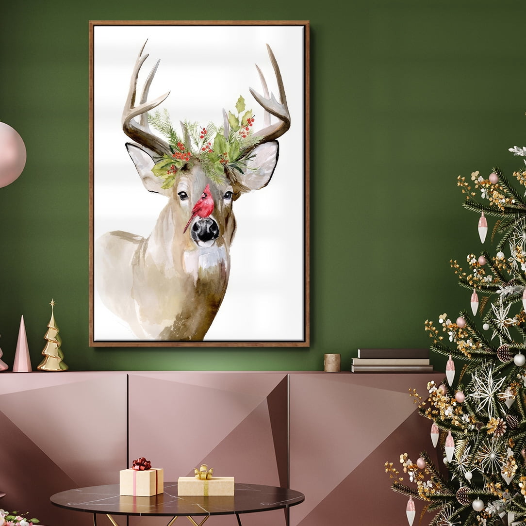 Holiday Deer II - Framed Gallery Wrapped Holiday Canvas - 25 x 37 - Rosewood Frame