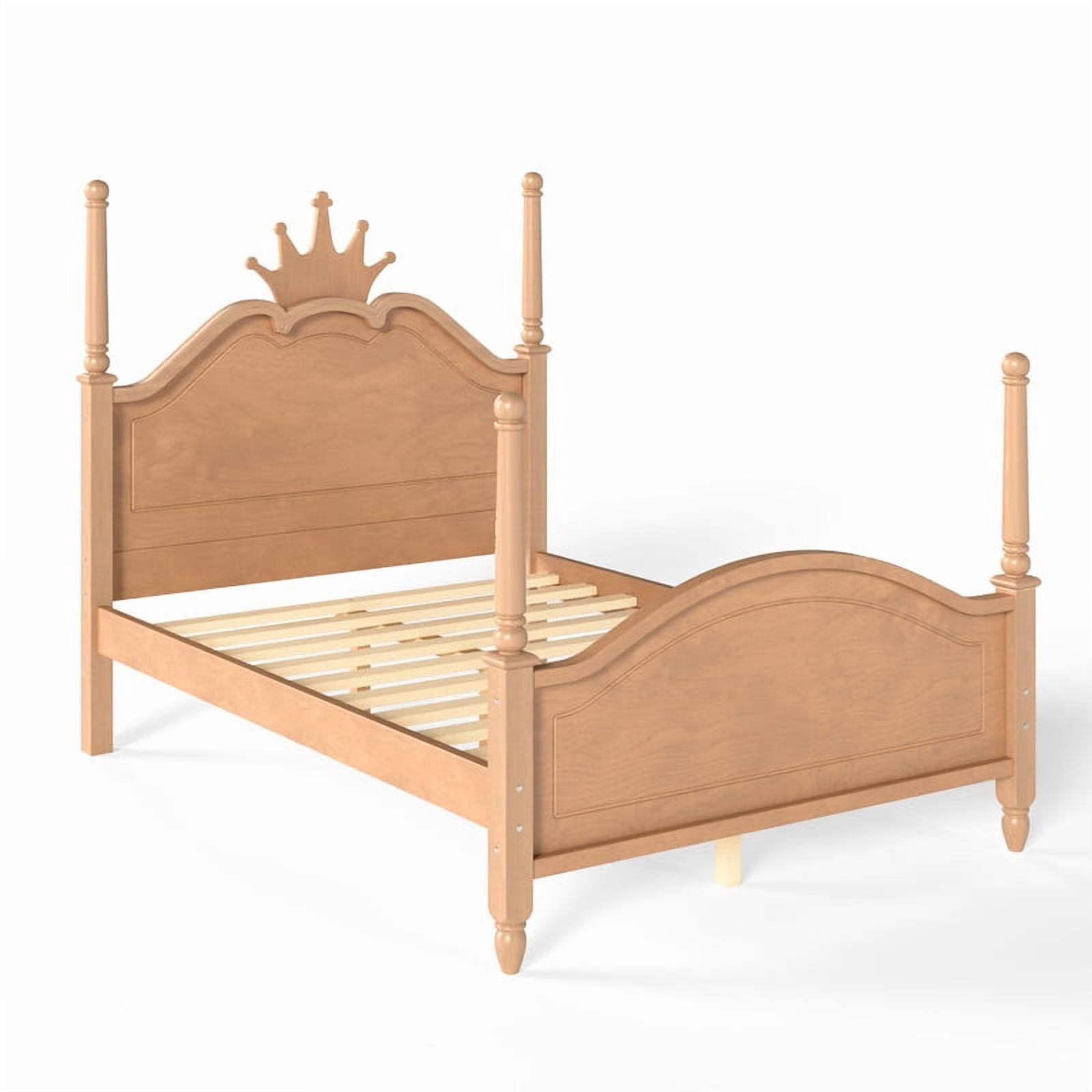 Full Size Kids Low Profile Platform Bed, Curved Footboard Four Poster Bed, Wooden Princess Bed Frame with Crown Shaped Headboard