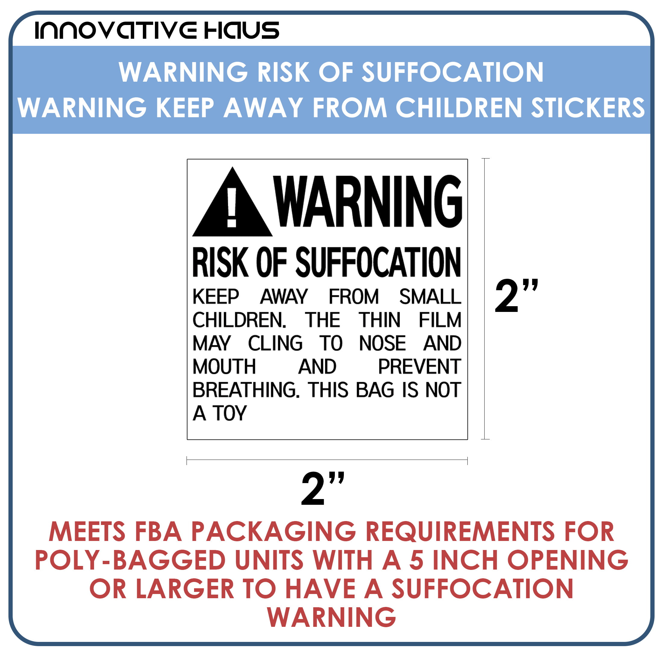 RISK OF SUFFOCATION FBA warning label sticker clear bkg 12 pt print 250/rl 