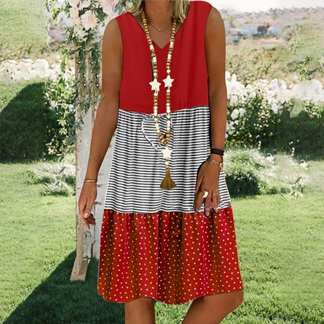 Weiqiqre Robes Mini Décontractées pour Femmes Grande Taille, Mode Femmes Décontractée Ample à Rayures et Pois Patchwork Col en V Sans Manches à Volants Ourlet à Étages Robe de Plage Soleil