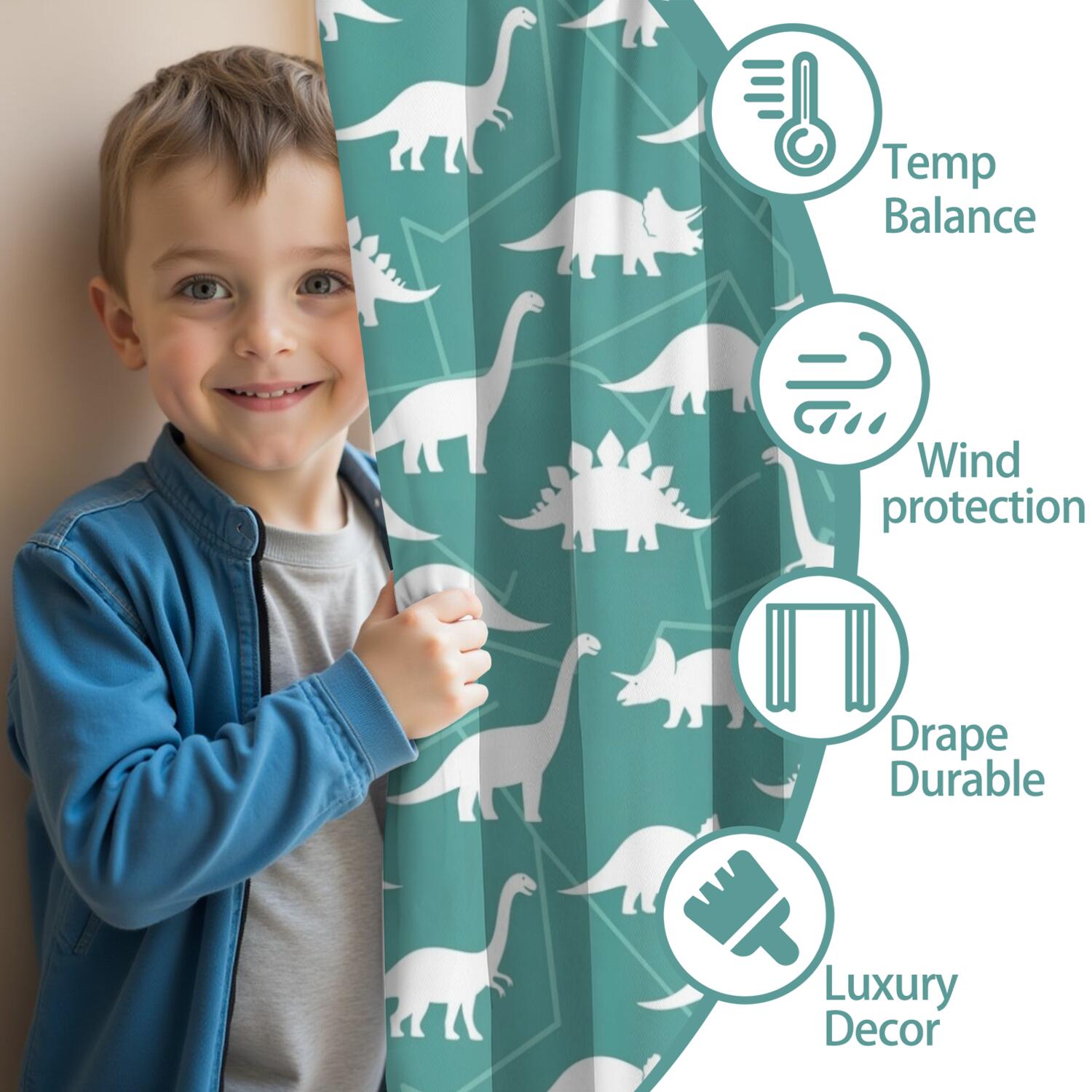 Blackout Kids Curtains,Teal White Dinosaurs Pattern Childrens Insulated Curtains Set Of 2,Bedroom Essentials,Toddler Room Decor 42"x54"