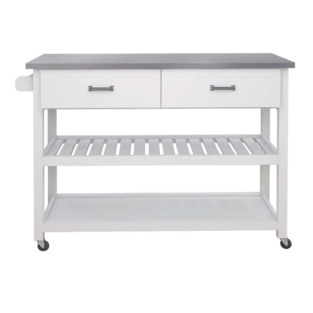 Hassch Kitchen Island with 2 Drawers Stainless Steel Table Top Storage Cabinet on Wheels, White